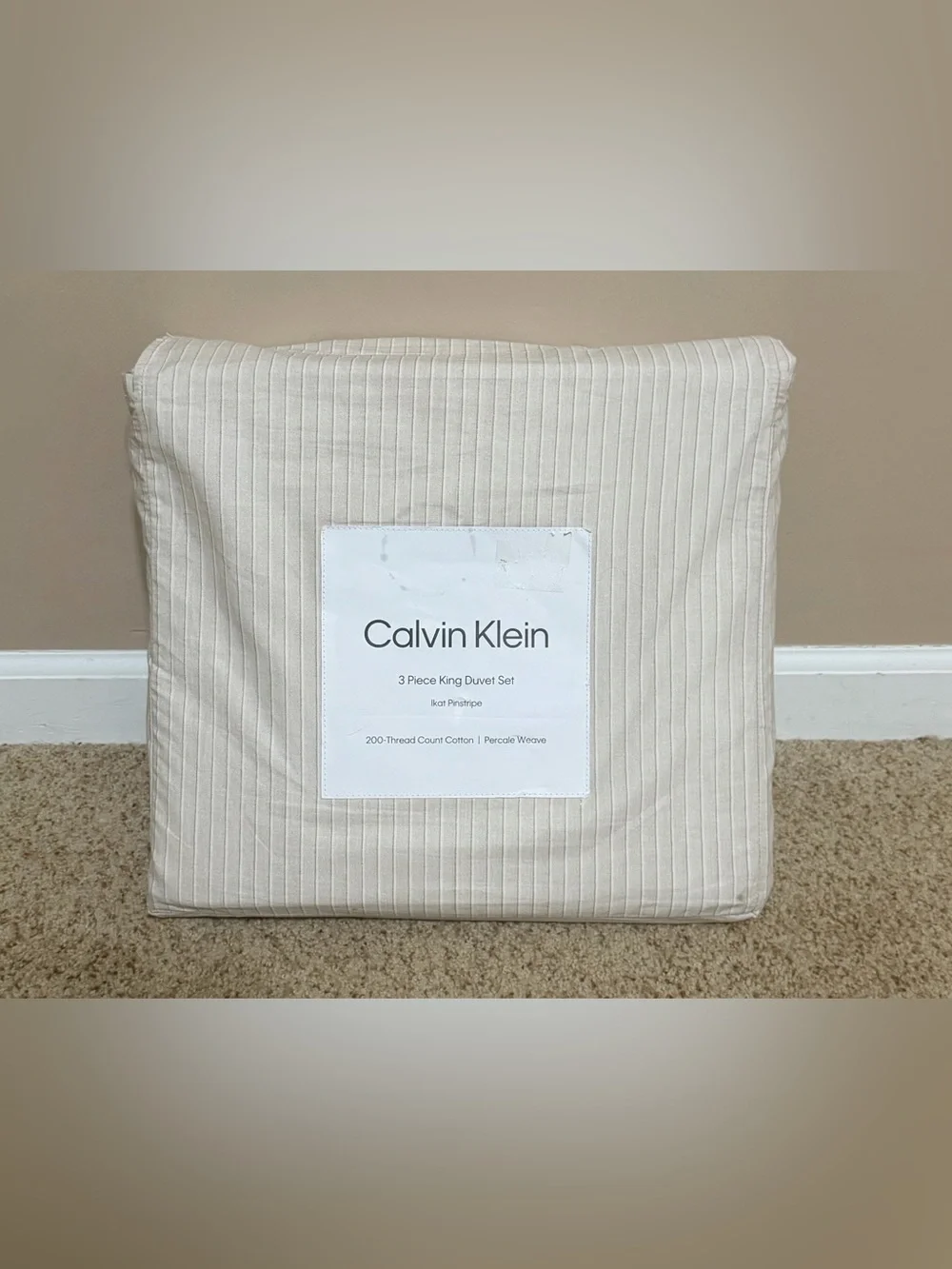 Calvin Klein King Duvet Set - Beige Pinstripe